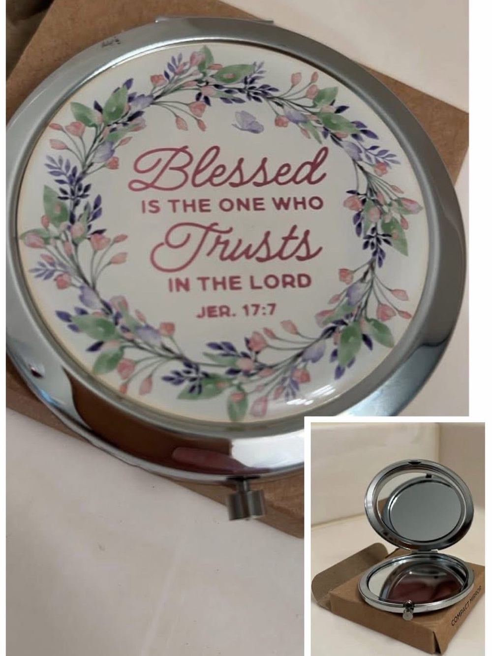 Silver Double mirror with closure wit scripture wording